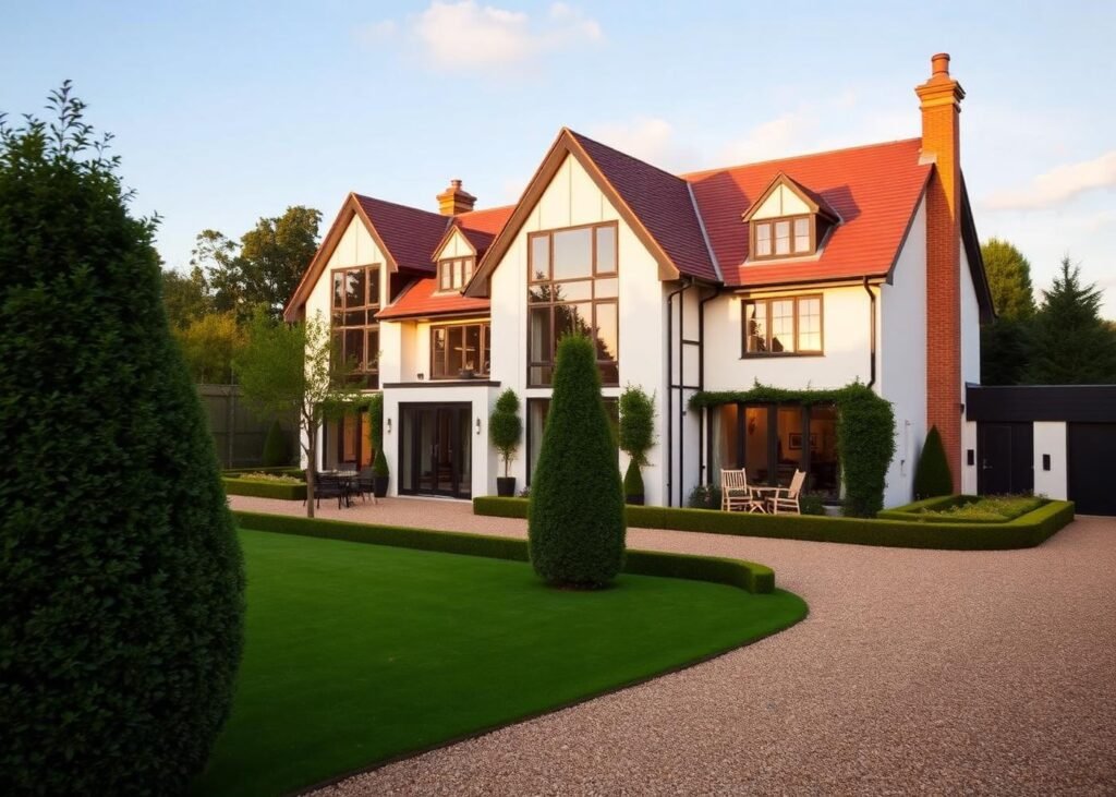 An elegant upscale British family home with beautiful landscaping, representing high-value property investment and residential mortgages.