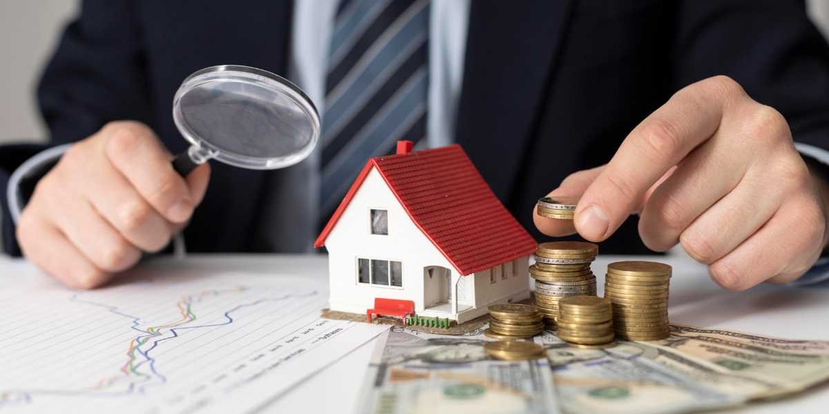 A financial expert holding a magnifying glass over a small house model with stacks of coins and cash, evaluating different property finance strategies and alternatives to equity release for helping children buy a home.