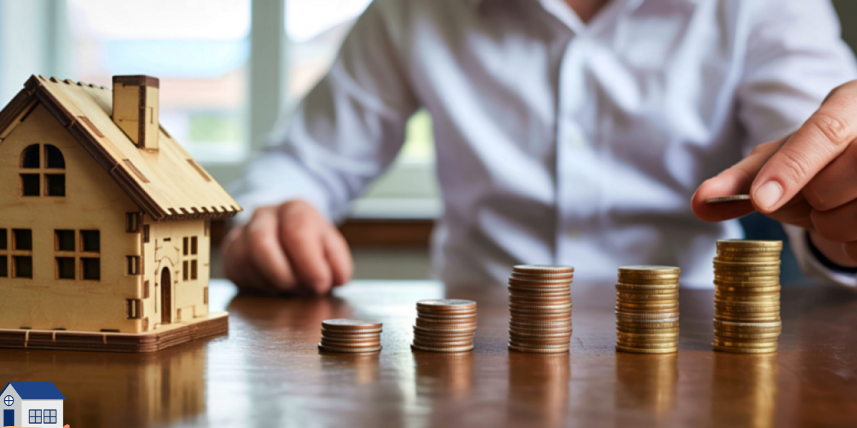 A wooden miniature house model sitting on a table next to five stacks of coins growing in height, with a person's hand placing a coin on the tallest stack, symbolizing home savings and property equity.
