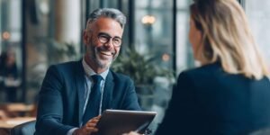 A smiling professional finance broker or consultant discussing how a bridging loan works in the UK with a client during a face-to-face consultation.
