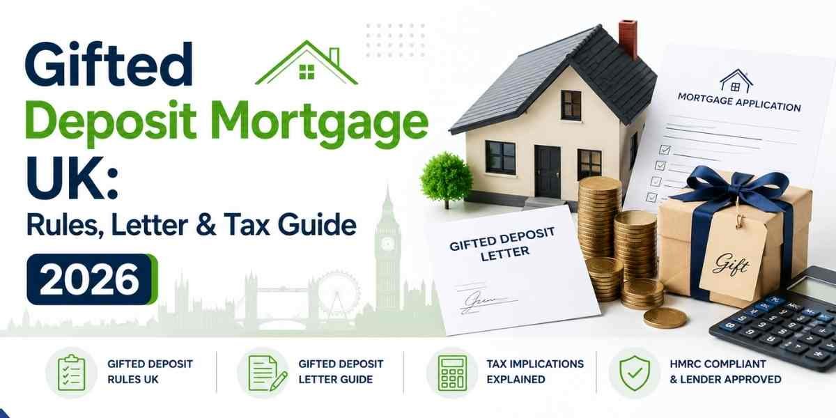 UK gifted deposit mortgage guide with house, mortgage documents, gift box, and tax information for 2026.