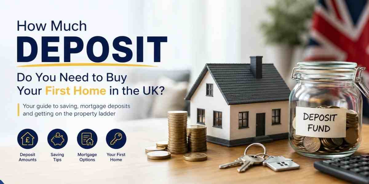Illustration of a model house, stacked coins, savings jar labelled "Deposit Fund," and house keys representing the deposit needed to buy a first home in the UK.