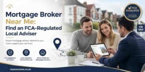 A professional mortgage broker meeting with a couple to discuss home loan options, highlighting FCA-regulated local mortgage advice and personalised mortgage solutions in the UK.