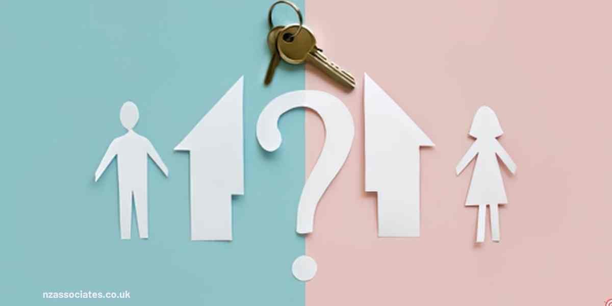 Illustration showing a man and woman separated by a question mark and house icons with a key above, representing shared ownership mortgages, joint home buying decisions, and property ownership options in the UK.