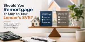 Illustration comparing remortgaging with staying on a lender's Standard Variable Rate (SVR), featuring a house model, balance scale, calculator, and percentage symbol to help UK homeowners evaluate their mortgage options.