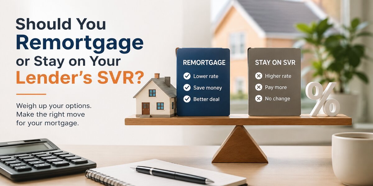 Illustration comparing remortgaging with staying on a lender's Standard Variable Rate (SVR), featuring a house model, balance scale, calculator, and percentage symbol to help UK homeowners evaluate their mortgage options.