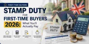 Hero image showing a model house, calculator, stamp duty document, property price chart, and UK flag illustrating Stamp Duty Land Tax (SDLT) costs and first-time buyer relief in the UK for 2026.