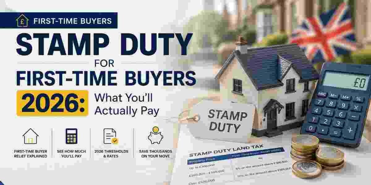 Hero image showing a model house, calculator, stamp duty document, property price chart, and UK flag illustrating Stamp Duty Land Tax (SDLT) costs and first-time buyer relief in the UK for 2026.
