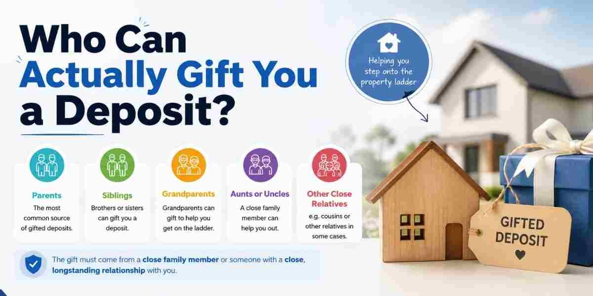 Illustration showing who can gift a mortgage deposit in the UK, including parents, siblings, grandparents, aunts, uncles, and other close relatives, with a house model and a gifted deposit tag.