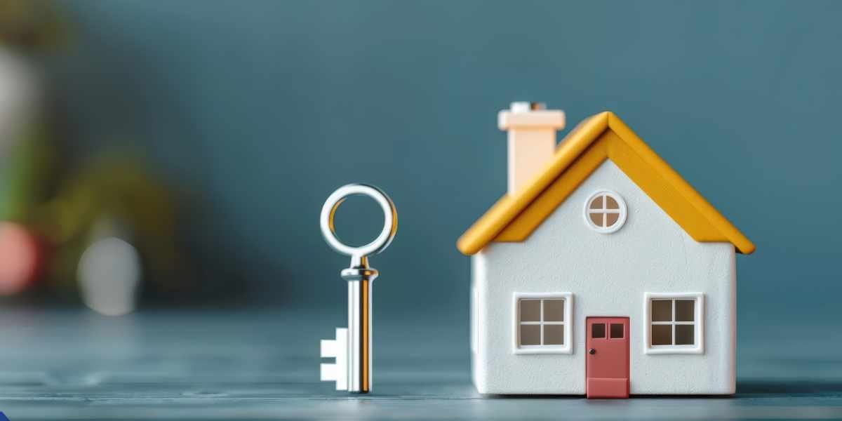 A silver key standing upright next to a miniature house model, representing the goal of homeownership and securing approval for a bad credit mortgage loan.