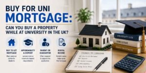 Buy for Uni Mortgage: Can You Buy a Property While at University in the UK? – UK student mortgage concept featuring a university graduate cap, books, model home, mortgage calculator and key considerations including buy-to-let mortgage, deposit, affordability, guarantor support and rental income.