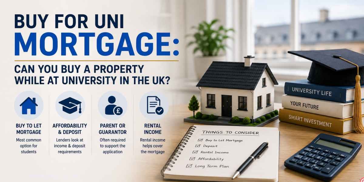 Buy for Uni Mortgage: Can You Buy a Property While at University in the UK? – UK student mortgage concept featuring a university graduate cap, books, model home, mortgage calculator and key considerations including buy-to-let mortgage, deposit, affordability, guarantor support and rental income.