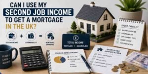 Can I Use My Second Job Income to Get a Mortgage in the UK? – UK mortgage affordability concept showing main and second job income, lender criteria, mortgage application documents, calculator, house model, and UK currency.