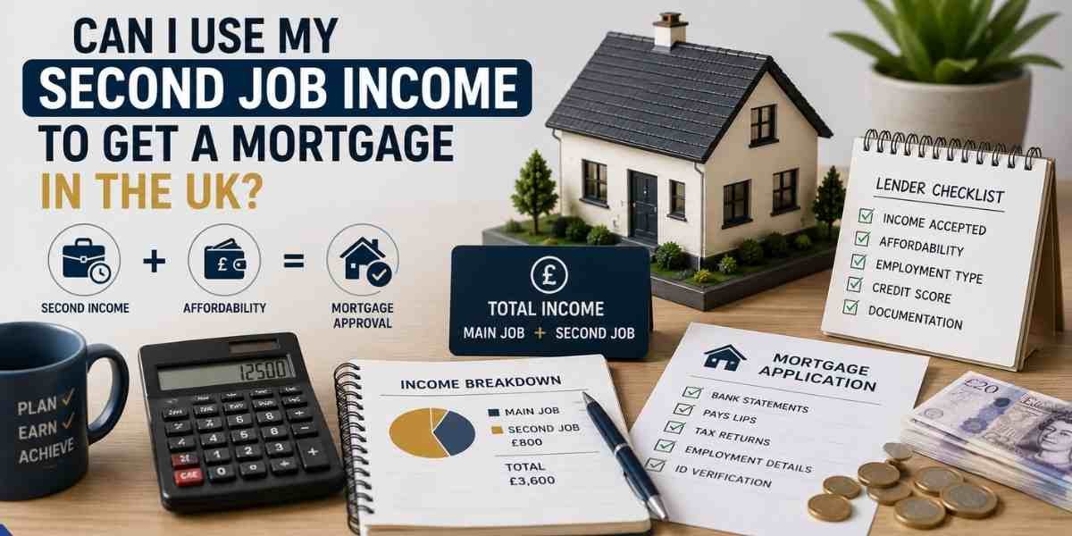 Can I Use My Second Job Income to Get a Mortgage in the UK? – UK mortgage affordability concept showing main and second job income, lender criteria, mortgage application documents, calculator, house model, and UK currency.
