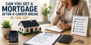 Can You Get a Mortgage After a Career Break in the UK? – Professional UK mortgage scene showing a woman returning to work, a model home, mortgage application, calculator, savings, employment history and lender affordability considerations.