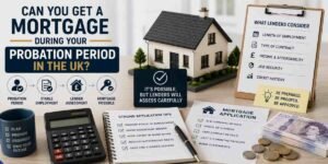 Can You Get a Mortgage During Your Probation Period in the UK? – UK mortgage concept featuring a model home, probation and employment timeline, lender criteria, income and affordability checks, mortgage application documents, calculator, and UK currency.