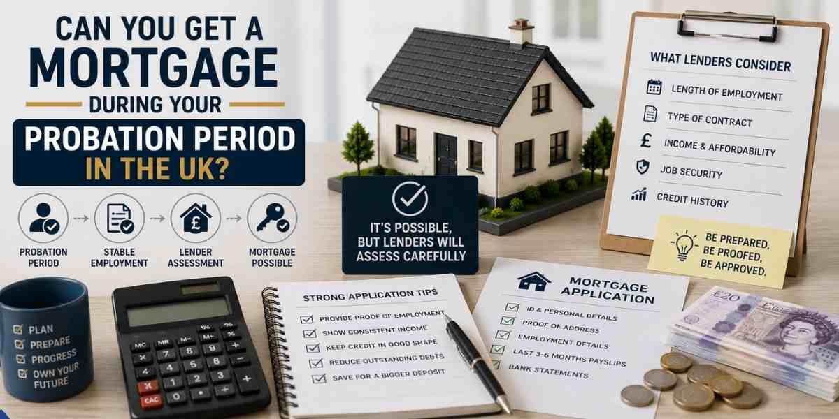 Can You Get a Mortgage During Your Probation Period in the UK? – UK mortgage concept featuring a model home, probation and employment timeline, lender criteria, income and affordability checks, mortgage application documents, calculator, and UK currency.