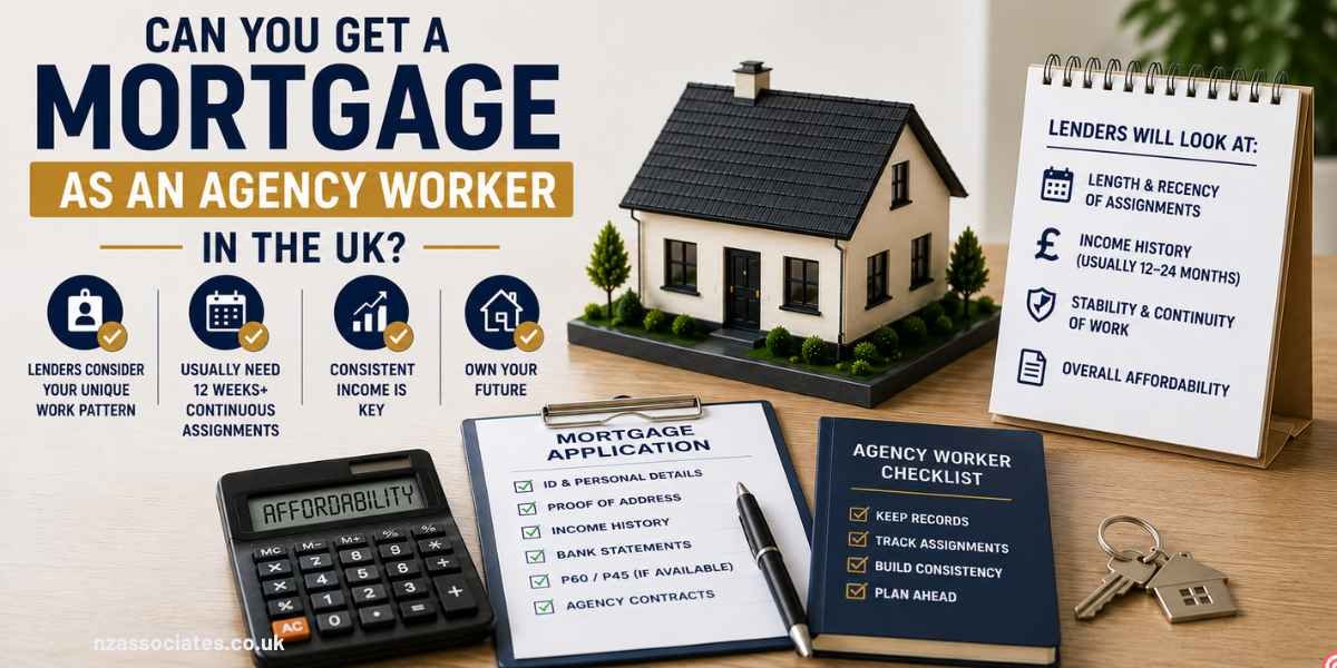 Can You Get a Mortgage as an Agency Worker in the UK? – UK mortgage banner showing a model home, agency work income, assignment history, lender affordability criteria, mortgage application documents, calculator.