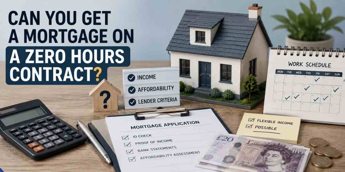 Zero hours contract worker's mortgage application checklist showing income, affordability and lender criteria, with calculator, work schedule and UK £20 notes on a desk