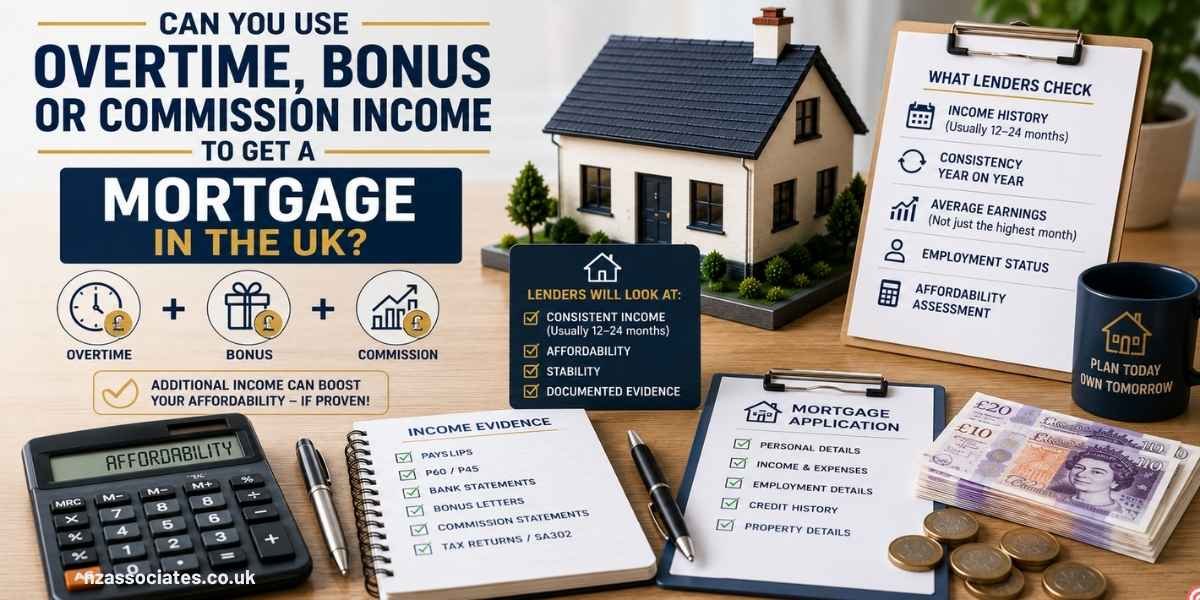 Can You Use Overtime, Bonus or Commission Income to Get a Mortgage in the UK? – UK mortgage affordability concept showing overtime, bonus and commission income, lender checks, income history, payslips, bank statements, bonus and commission evidence, calculator, mortgage application, and a model home.