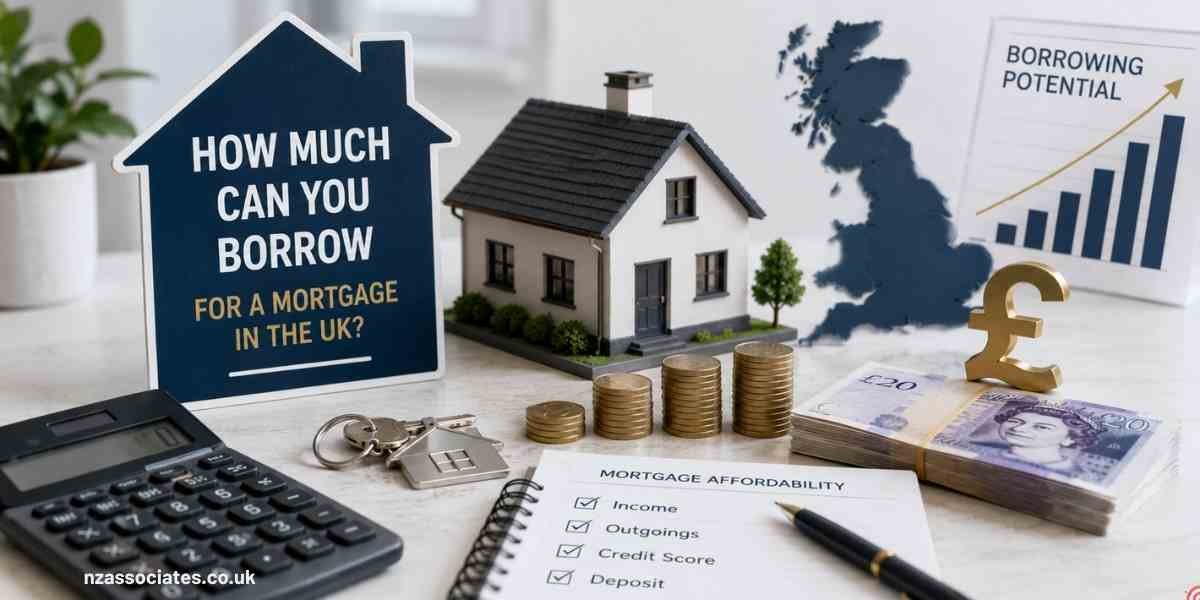How Much Can You Borrow for a Mortgage in the UK – A premium mortgage affordability concept featuring a model house, calculator, UK pound notes and coins, house keys, affordability checklist, and borrowing potential chart, illustrating the key factors that determine how much you can borrow for a mortgage in the UK.