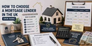How to Choose a Mortgage Lender in the UK (2026 Guide) – UK mortgage comparison scene featuring a model home, lender comparison chart, interest rates, fees, customer ratings, calculator, mortgage checklist, and house keys.