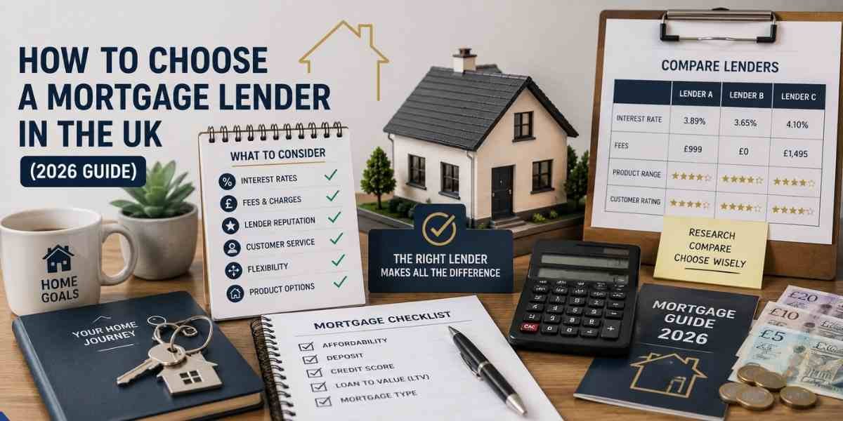 How to Choose a Mortgage Lender in the UK (2026 Guide) – UK mortgage comparison scene featuring a model home, lender comparison chart, interest rates, fees, customer ratings, calculator, mortgage checklist, and house keys.