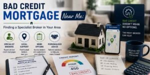 Bad Credit Mortgage Near Me: Finding a Specialist Broker in Your Area – UK mortgage concept featuring a local broker search, credit report, mortgage application, property, affordability assessment and specialist mortgage advice.
