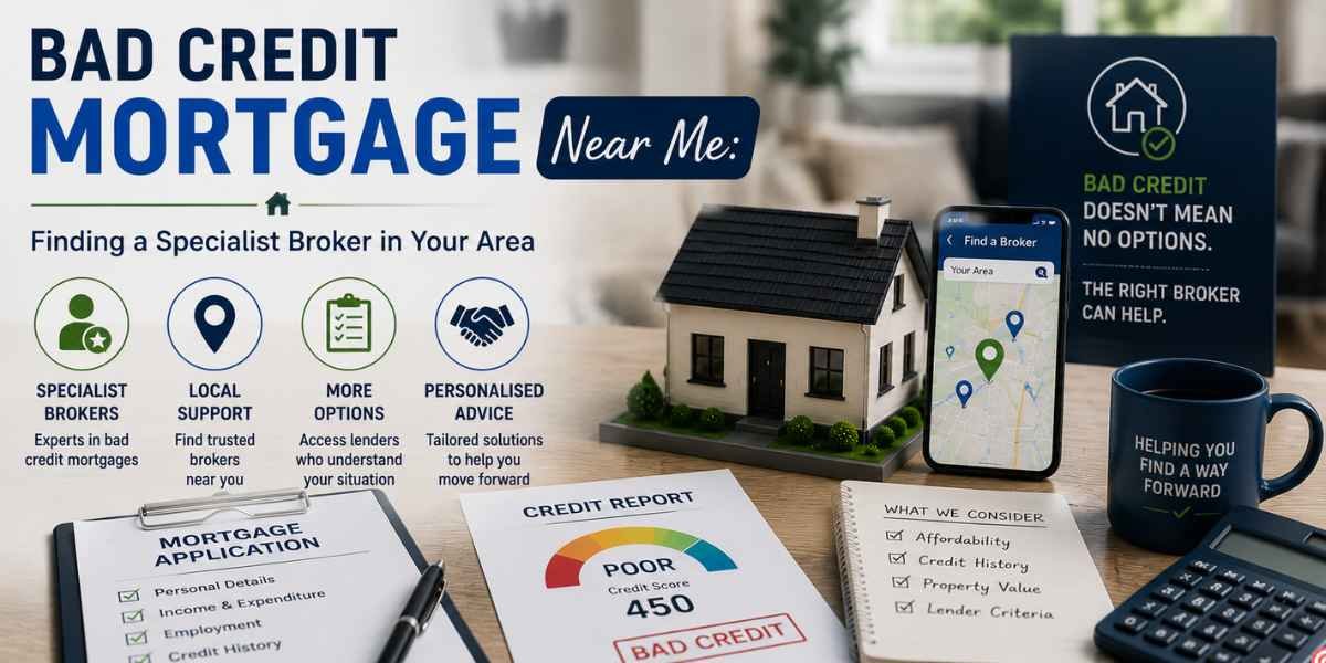 Bad Credit Mortgage Near Me: Finding a Specialist Broker in Your Area – UK mortgage concept featuring a local broker search, credit report, mortgage application, property, affordability assessment and specialist mortgage advice.
