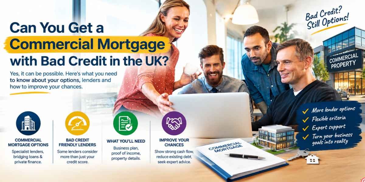 Can You Get a Commercial Mortgage with Bad Credit in the UK? – UK commercial mortgage concept showing business owners, commercial property, specialist lenders, bad credit considerations, mortgage requirements and business finance options.