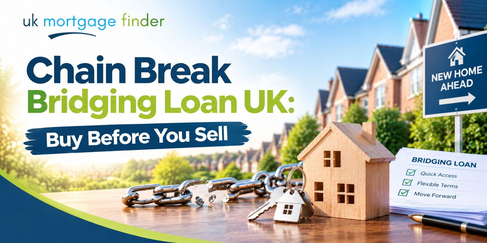 Chain Break Bridging Loan UK banner featuring a wooden house model, house keys, broken chain links and bridging loan paperwork, illustrating how homeowners can buy a new property before selling their existing home.