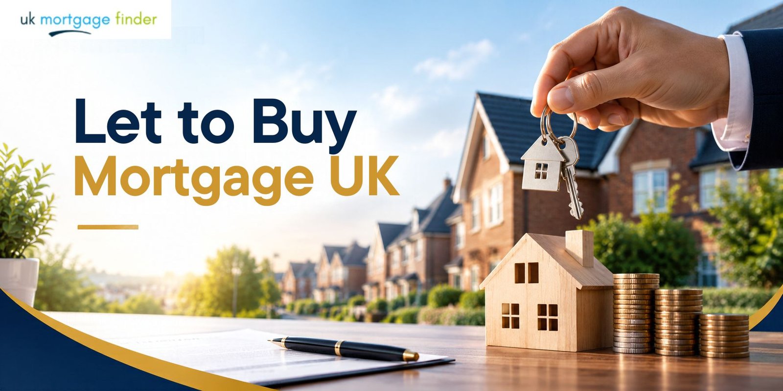 Let to Buy Mortgage UK banner featuring house keys, a miniature wooden house, mortgage paperwork, stacked coins and UK suburban homes, with UK Mortgage Finder branding.